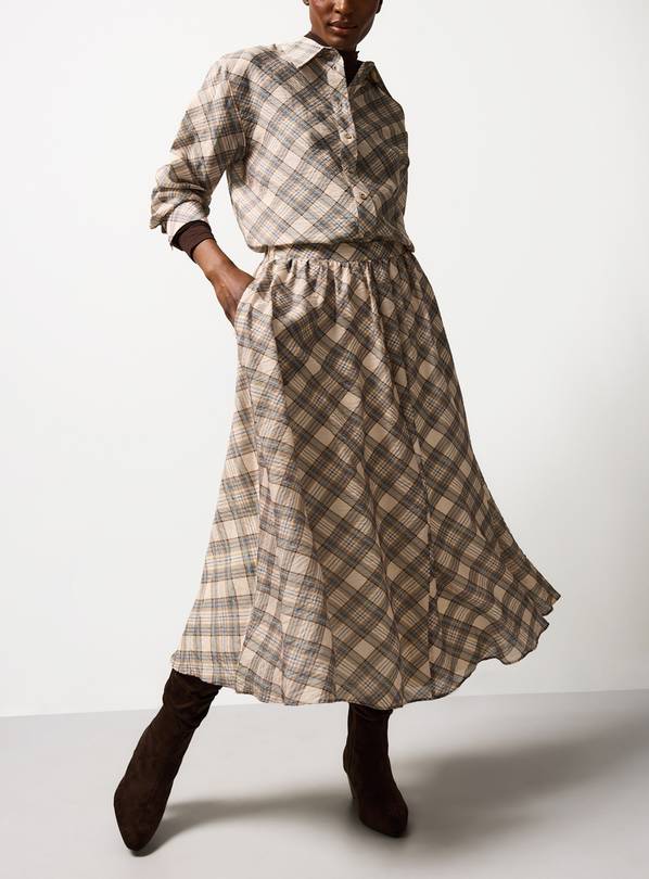 Cream & Blue Check Print Midaxi Full Skirt 14